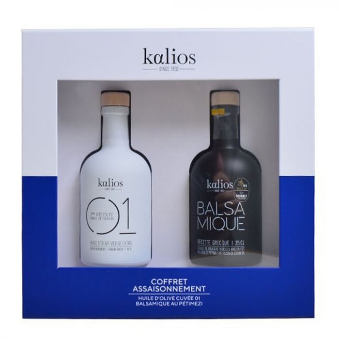 Coffret Assaisonnement Kalios  Huile d'Olive Cuvée 01 + Balsamique au  Petimezi  - 2 x 25cl