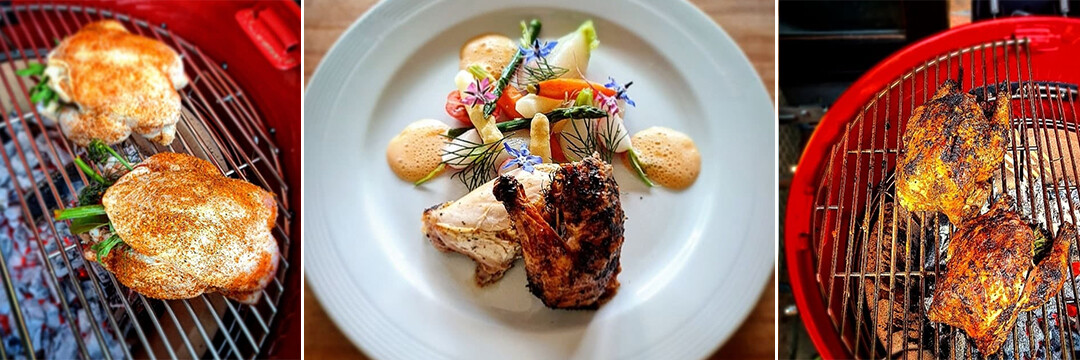 Piepkuiken met verse kruiden op de barbecue, met jonge groentjes en paprikaroom